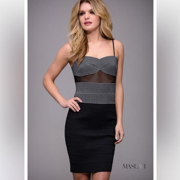 NWT Jovani Maslavi Black White Bandage Mesh Cocktail Mini Dress Size 8 - Picture 1 of 13